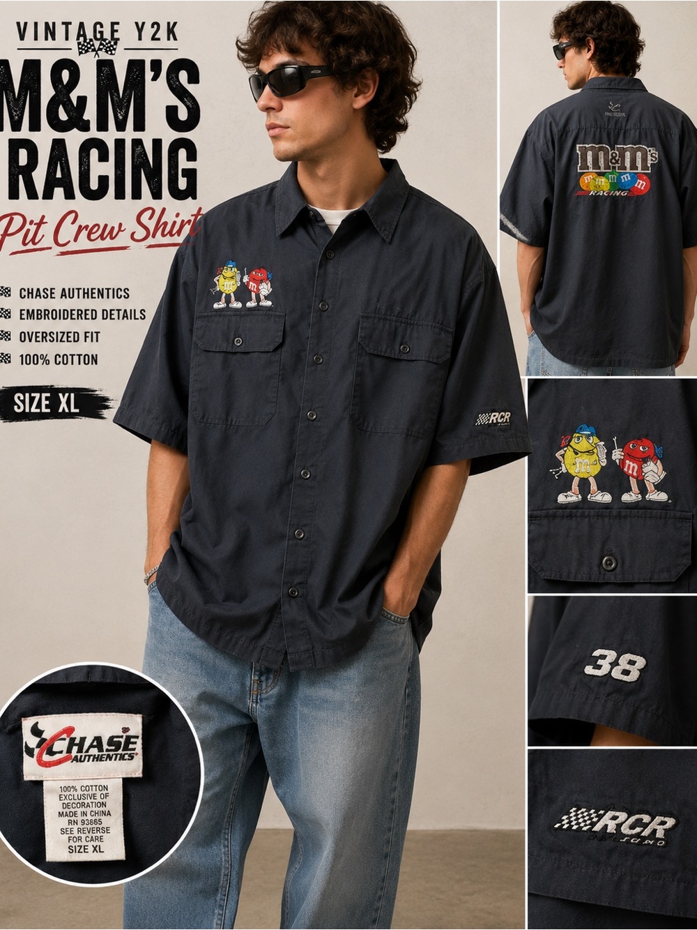 Chase Authentics M&M’s racing button up shirt gray XL NASCAR Motorsport pit crew